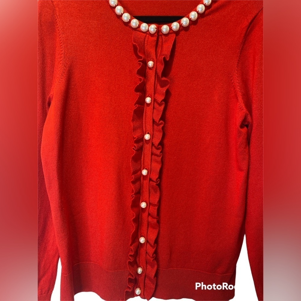 Charter Club Womens Size L Ruffled-Front Cardigan Faux Pearl Buttons - Picture 3 of 5